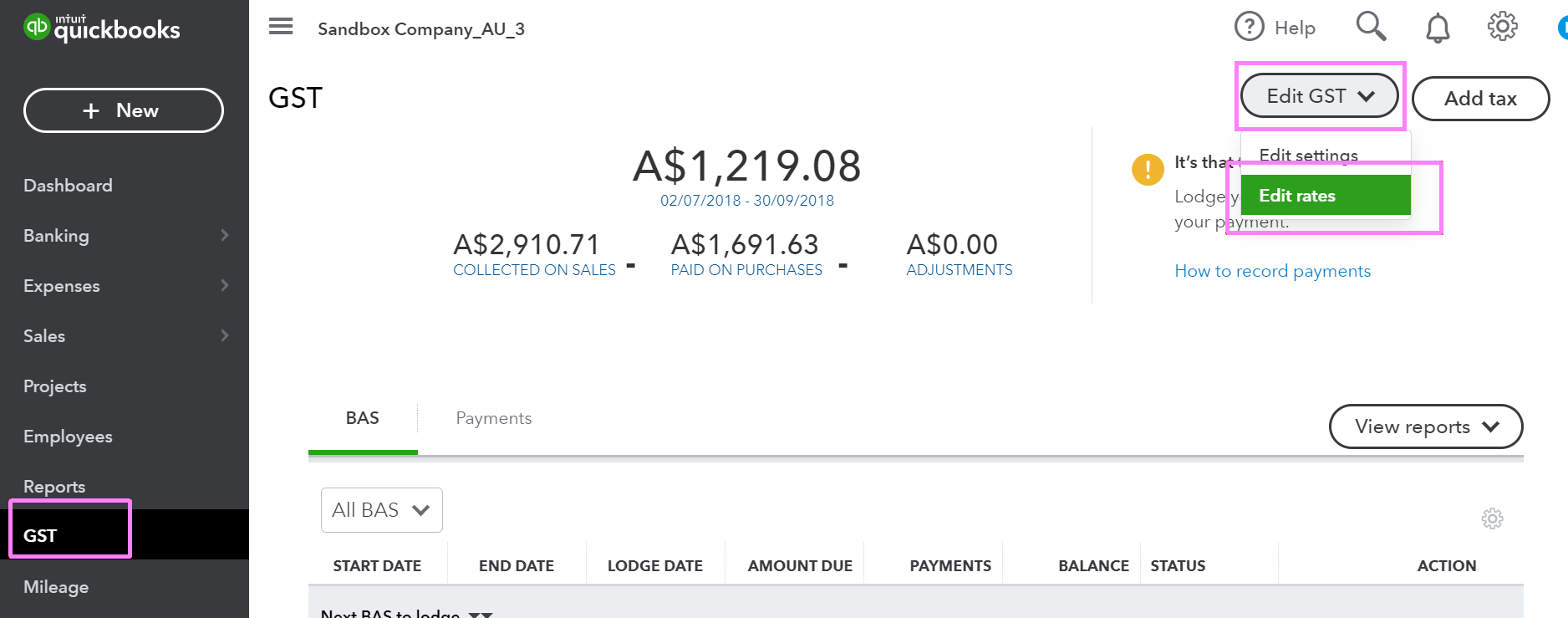 The Edit Tax selector is highlighted, along with the option "Edit rates"